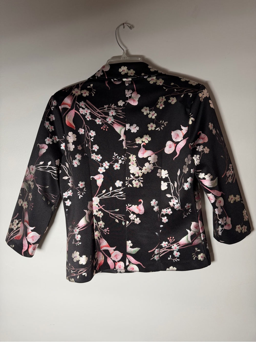 Black Floral-Print Women's Blazer with Pink Blossom Accents - Picture 6 of 8